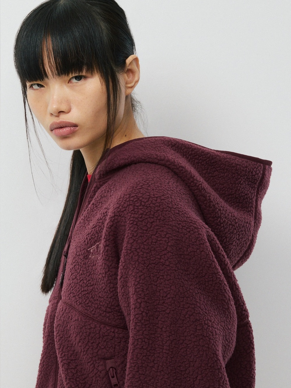 ARITZIA TNA Polartec Thermal Pro Fleece Full Zip Hoodie Burgungy SMALL - Mullein